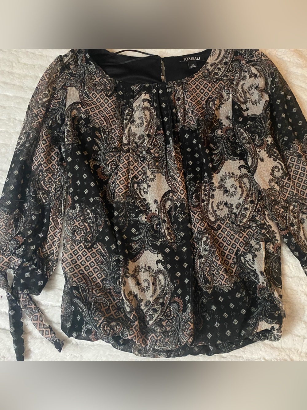 Roz & Ali Black Cream Tan Paisley Tie-Sleeve Blouse